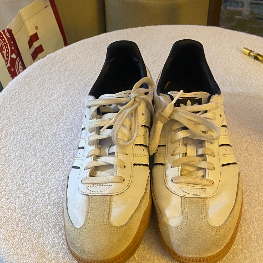 Adidas Men's White and Black Sneakers with Tan Sole